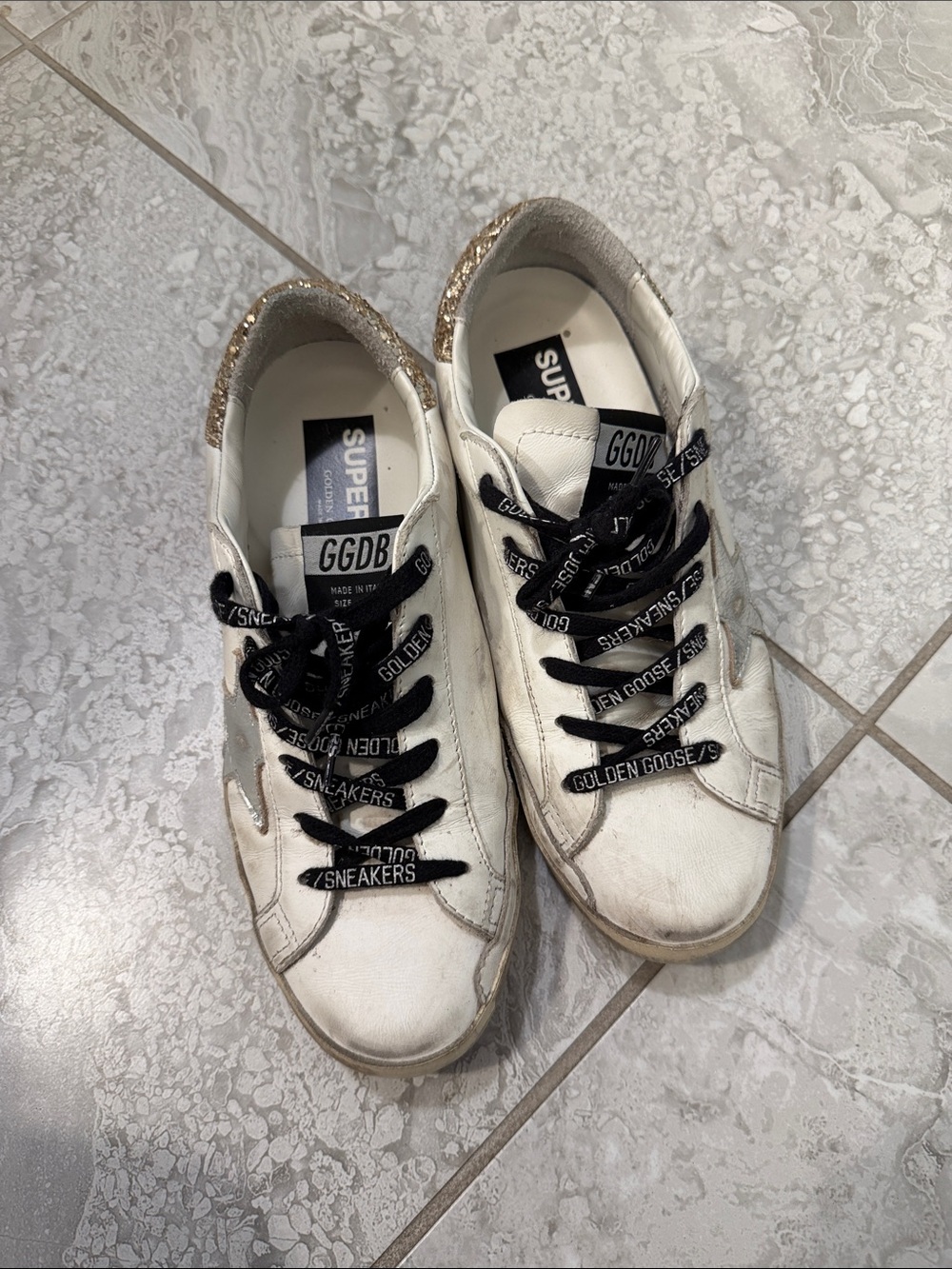 Golden Goose White Leather Sneakers with Silver Star and Gold Glitter Heel - Picture 2 of 7